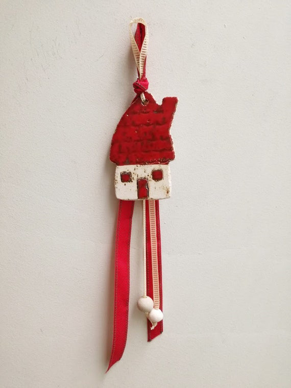 Tiny house wall hanging, red roof fairy cottage miniature, white rustic house with red roof wall hanging, little house housewarming charm