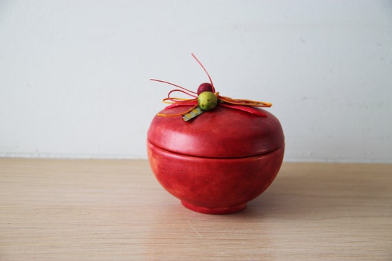 Red ceramic box, small jewellry box of earthenware clay, in red, with beads and ribbons on cap, red vanity box, red jewelry box