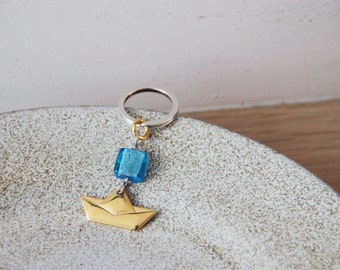 Gold, paper boat key chain, small sailboat key ring, gold plated alloy, boat charm and with blue, glass bead, Greek paper boat key chain