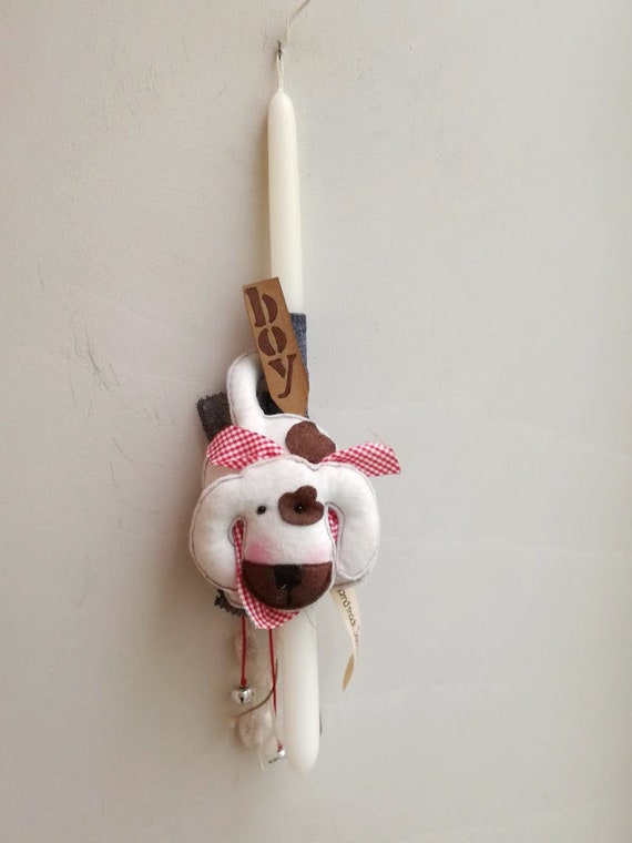 Doggie Easter candle, white Easter candle for boys with white dog plushie, boys Easter candle with stuffed doggie ornament