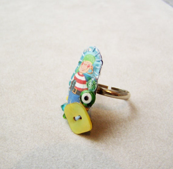 Pirate boy ring, handsewn, printed fabric  and mother of pearl, adjustable ring