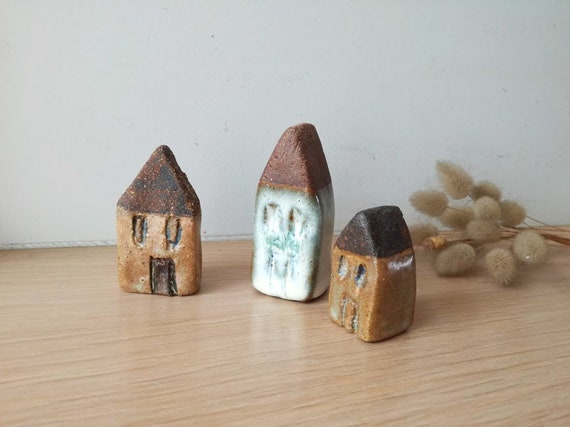 Rustic cottage miniatures, set of three, high fire stoneware clay, ceramic house miniatures, hand built, ceramic cottages, rustic decor