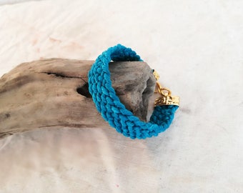 Blue braided bracelet, turquoise cord woven cuff, thick blue macrame cord bracelet, braided turquoise boho cuff, blue friendship bracelet