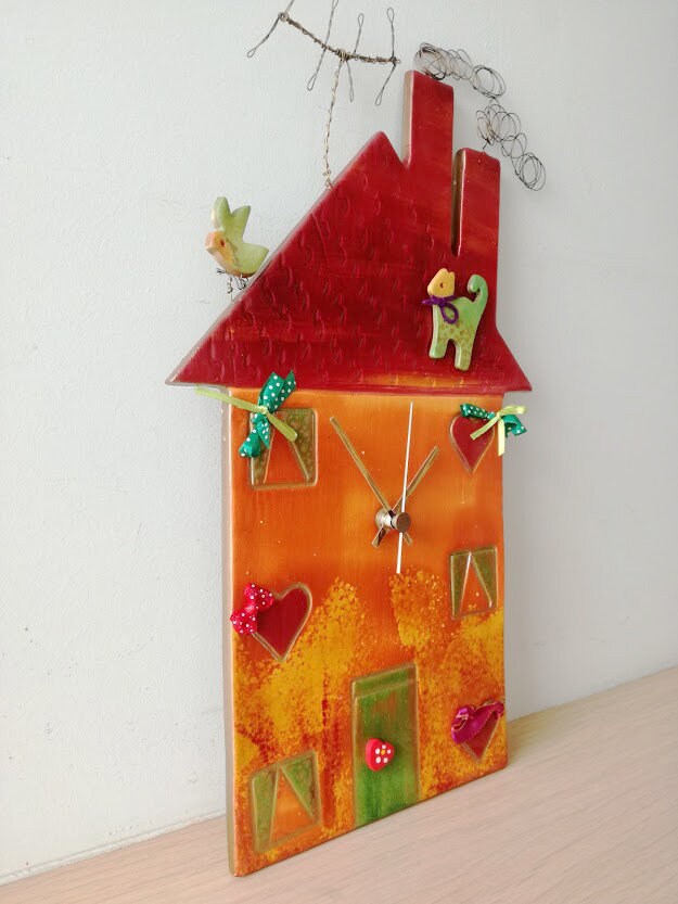 Red house clock, colourful ceramic house clock, house shaped wall clock