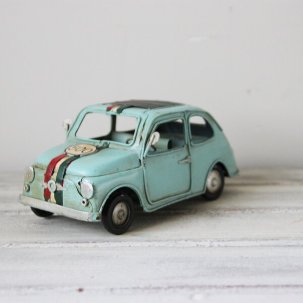 Vintage, turquoise, miniature Fiat car 500, retro, shabby chic style, blue Fiat 500, collectible miniature, mens gift, mid nineties