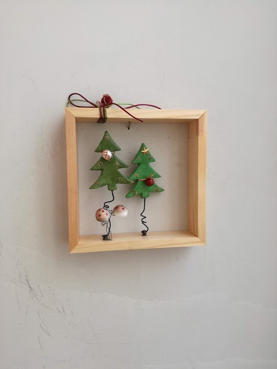 Chistmas tree wall hanging, Xmas fir trees with baubles, ceramic Xmas tree miniatures in wooden frame, natural wood frame with Xmas trees