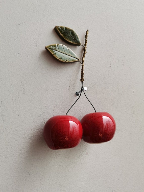 Red cherries sculpture, two cherries on wire stems with ceramic green leaves, rustic cherry sculpture, red cherries decor, red cherry gift