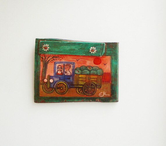 Folk painting of truck with watermelons, vintage Greek folk art, art brute on salvaged wood, early nineties