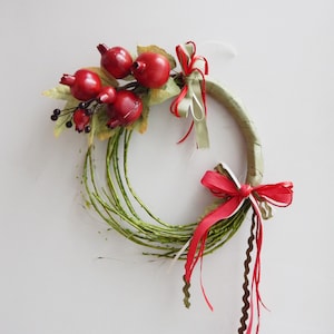 Pomegranate Xmas wreath of red pomegranates, polyester, small pomegranates on green vine wreath with red green ribbons, Xmas decor wreath image 1