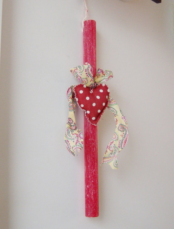 Greek Easter candle with red heart plush, red Easter candle for girls and women with red white polka dotted fabric