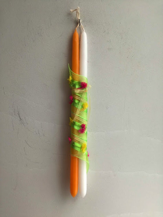 Double easter candle, orange white easter candle for teens and women, short, Easter candle with lime green ribbon decor, girls Greek lambada