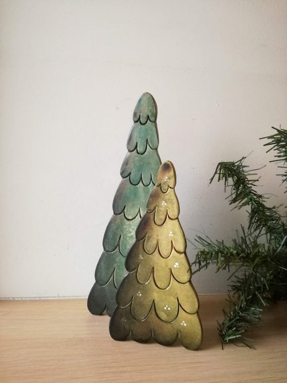 Double Chritmas tree, ceramic xmas trees connected, light green ad dark green Xmas trees set, double fir tree, decor set, Christmas decor