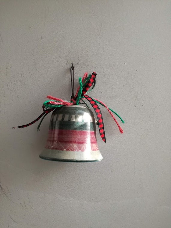 Ceramic Xmas bell in green, classic shape, Xmas bell with clapper, rustic Christmas bell ornament, unique ceramic bell