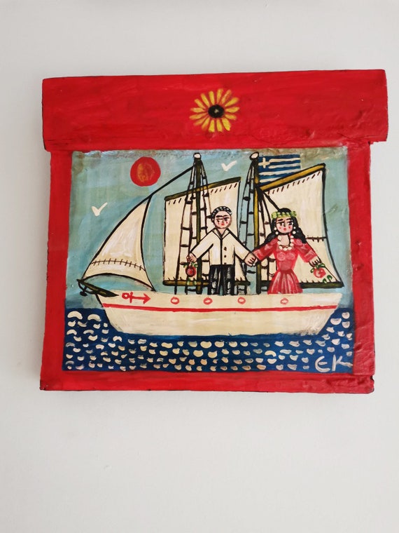 Man woman folk painting, vintage folk painting of couple on sailing boat, sustainable art on reclaimed wood