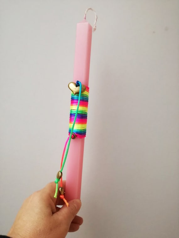 Pink Easter candle for girls with satin fluo cord and bronze heart pendant, multi colour cord on pink, short, candle, Greek Easter lambada