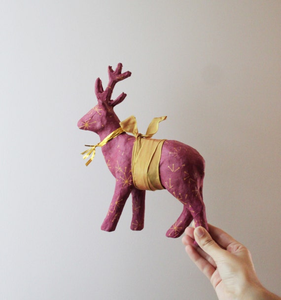 Vintage reindeer, burgundy, Christmas, paper mache reindeer, vintage reindeer, Xmas sculpture in marsala with snowflakes and golden ribbons