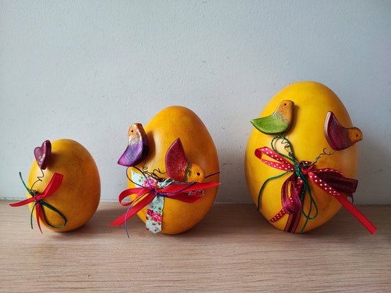 Yellow Easter egg, three sizes ceramic egg with birdies and ribbons, handpainted, Greek Easter eggs, Easter decor and gift