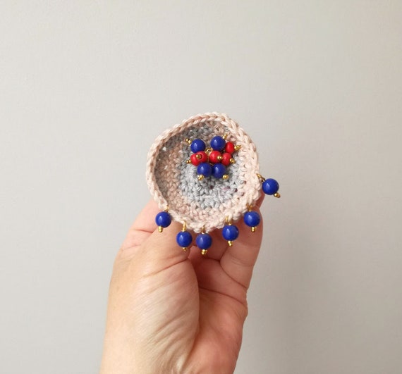 Beige crochet brooch, blue red beads brooch, unique round crochet pin with sewn blue and red plastic beads, accent jewelry brooch