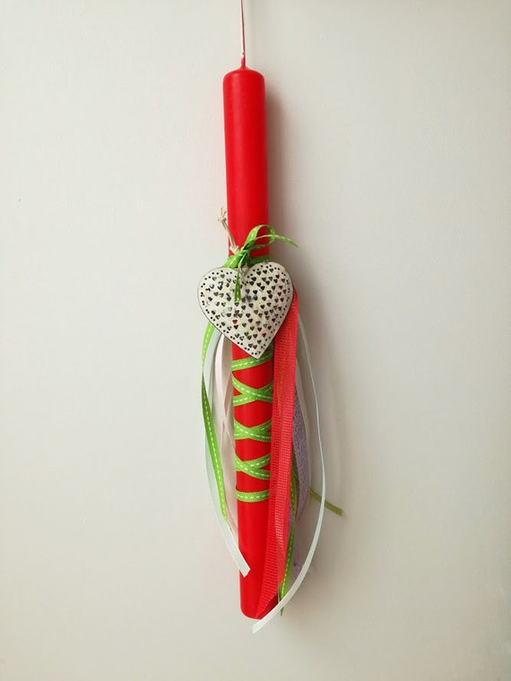 Heart Easter candle, white metal heart on red, Easter candle with green, white ribbons, Greek Easter candle for teen girls and women