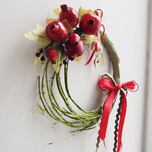 Pomegranate Xmas wreath of red pomegranates, polyester, small pomegranates on green vine wreath with red green ribbons, Xmas decor wreath image 4