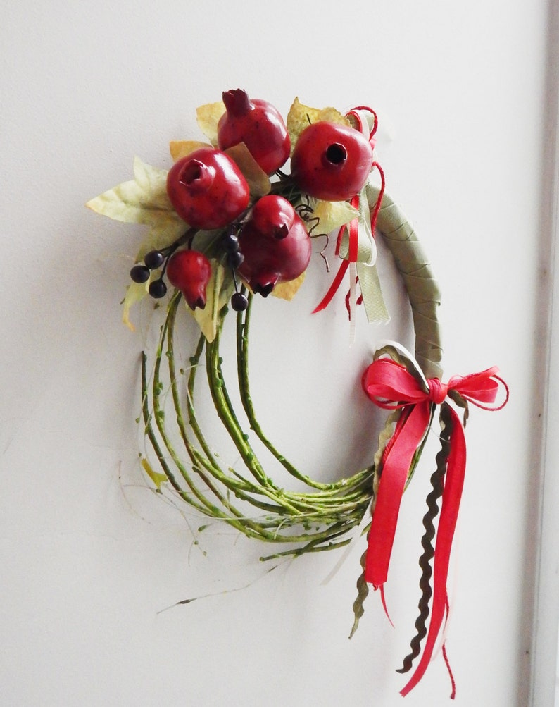 Pomegranate Xmas wreath of red pomegranates, polyester, small pomegranates on green vine wreath with red green ribbons, Xmas decor wreath image 4