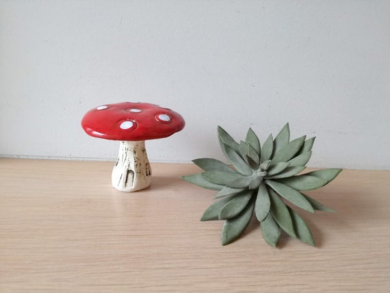 Ceramic mushroom, red white toadstool mushroom, rustic toadstool mushroom, life size decorative mushroom, red mushroom art object