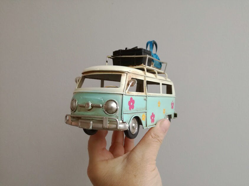 Retro van miniature, hippie van in minty blue and creamy white with