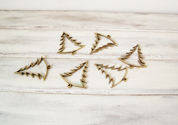 Christmas tree charms, brass christmas trees outline charms, oxidised brass fir tree outline for craft making and gift wrapping, set of six