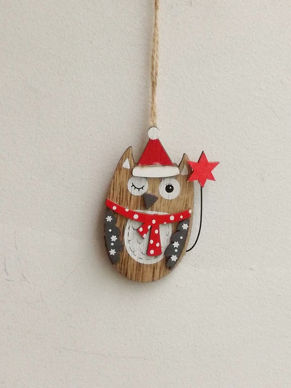 Wooden owl ornament, xmas tree owl ornament with Santa hood, red scarf and red star, cute funny owl figure