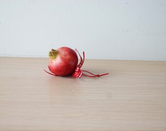 Tiny pomegranate sculpture, small ceramic pomegranate, red ceramic pomegranate with plaid ribbon, good luck pomegranate, Greek pomegranate