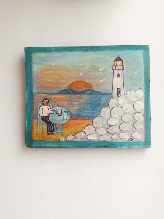 Lighthouse folk painting, folk art on salvaged wood of sea side cafe and lighthouse, Greek folk art painting