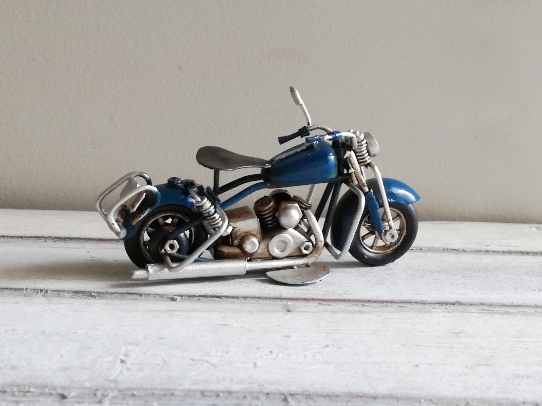 Miniatura de moto azul real, vintage, miniatura de metal, moto tipo Harley,  decoración en mal estado, miniatura Harley de hojalata, bicicleta  coleccionable retro -  México