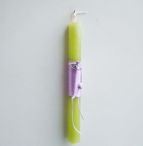 Greek Easter candle for grownups, lime candle with eye charm, small Easter candle with lilac ribbon and alloy charm, Greek lambada