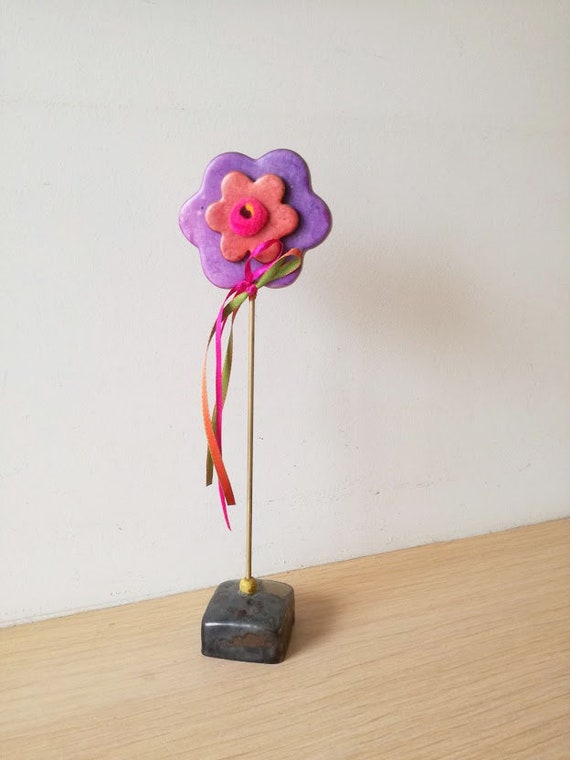 Ceramic flower on a stand, purple red flower sculpture on brass stem and ceramic base, unique ceramic flower art object, boho rustic flower