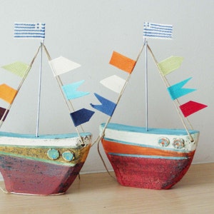 Ceramic sailing boat with colourful flags, stoneware clay boat outline sculpture with wire mast and fabric flags image 5