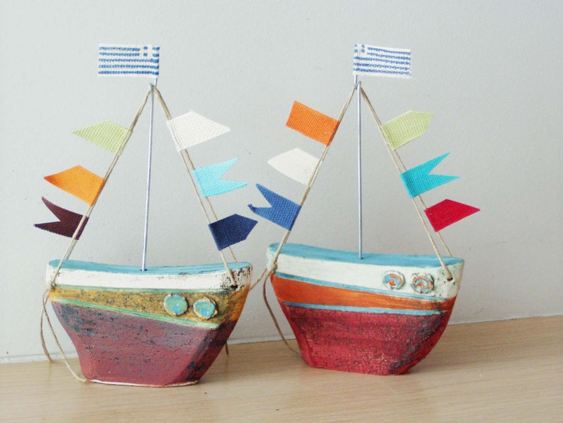 Ceramic sailing boat with colourful flags, stoneware clay boat outline sculpture with wire mast and fabric flags image 5