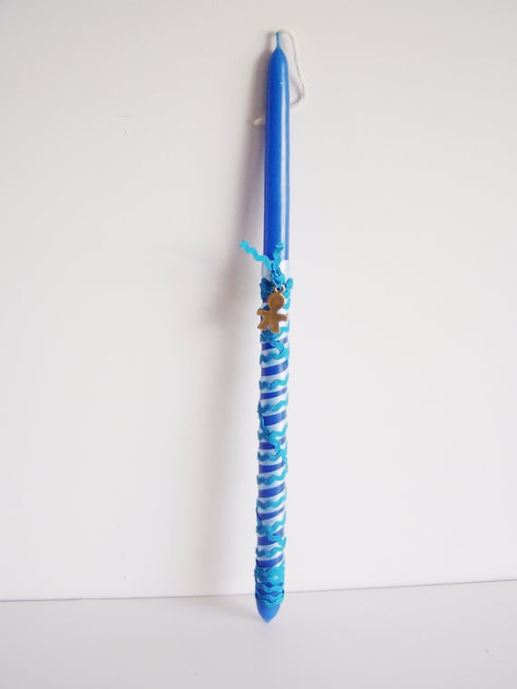 Blue Greek Easter candle, thin candle with human figure bronze charm and blue ribbons, teens and grownups, Greek lambada