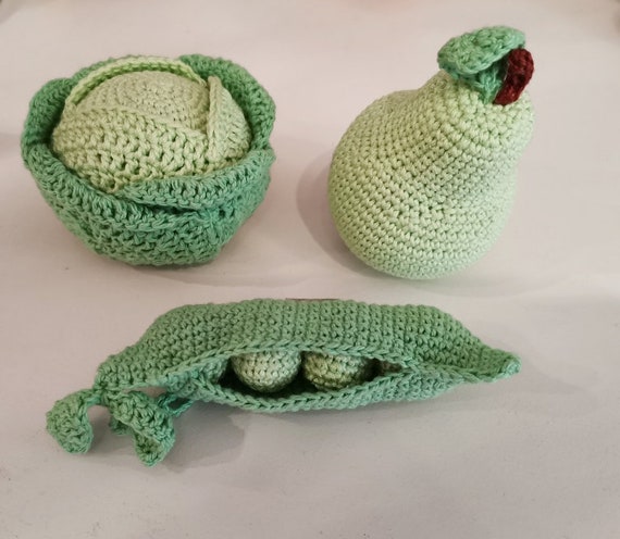 Crochet green vegetables, amigurumi green fruit and vegetables, cabbage, peas and pear, crochet knit miniatures