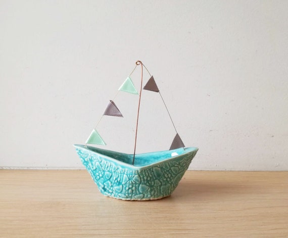 Turquoise blue boat, white clay blue glaze paperboat with blue banners, handmade Greek boat, blue boat favours, boho blue boat decor