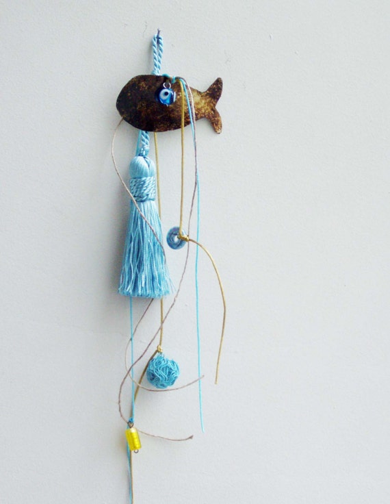 Fish and tassel lucky charm, brass fish and blue tassel and beads wall hanging, Greek folk art, rustic good luck fish and and eye charm