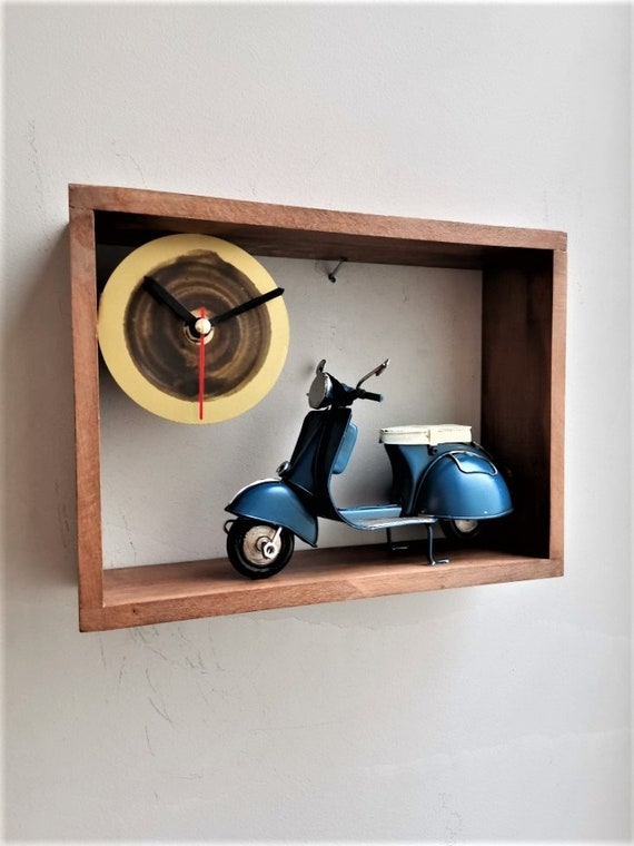 Blue scooter clock, wooden frame clock with navy blue scooter, collectible miniature, scooter clock, retro style scooter in wooden frame