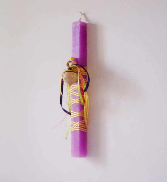 Greek Easter candle with spinning top, purple, square candle with wooden spinning top and colourful ribbons, childrens' Easter candle