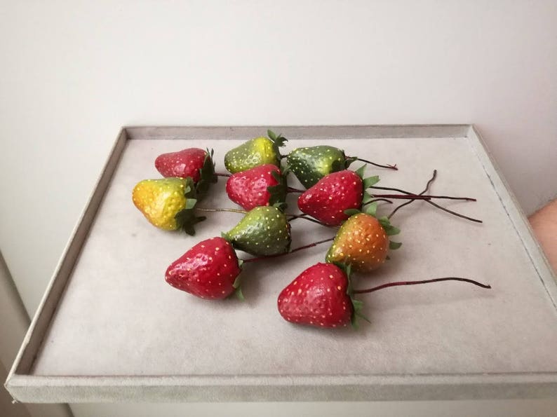 life size red and geen strawberries supplies set of ten polyester strawberries for wreaths and craft making Strawberries with wire stem