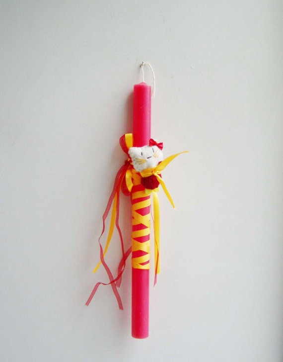 Red Greek Easter candle with felt kitty decoration, white and red felt kitty tied on a red Easter candle for girls with yellow satin ribbon