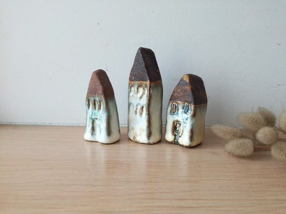 Rustic cottage miniatures, set of three, high fire stoneware clay, ceramic house miniatures, hand built, ceramic cottages, rustic decor