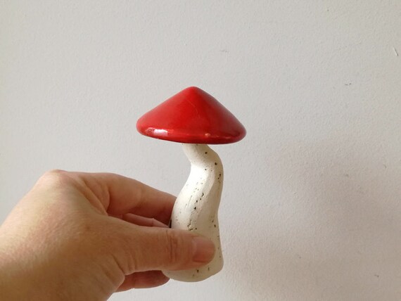 Ceramic mushroom, red conical mushroom, rustic conical mushroom, life size decorative mushroom, red mushroom art object