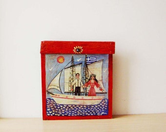 Man woman folk painting, vintage folk painting of couple on sailing boat, folk painting on reclaimed wood, Greek folk wedding