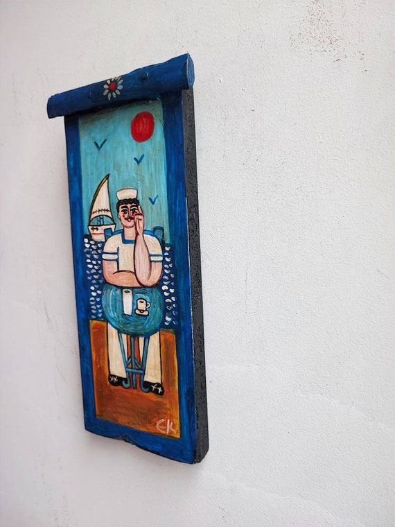 Sailor at cafe painting, vintage Greek folk art on reclaimed wood, Greek island scene of Greek sailor drinking cofee by the sea