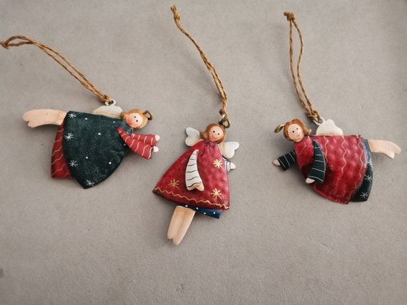 Angel Christmas ornament, tin Xmas tree ornament of angel girls in red dress, smiling angel ornaments, boho Xmas decor, set of three angels