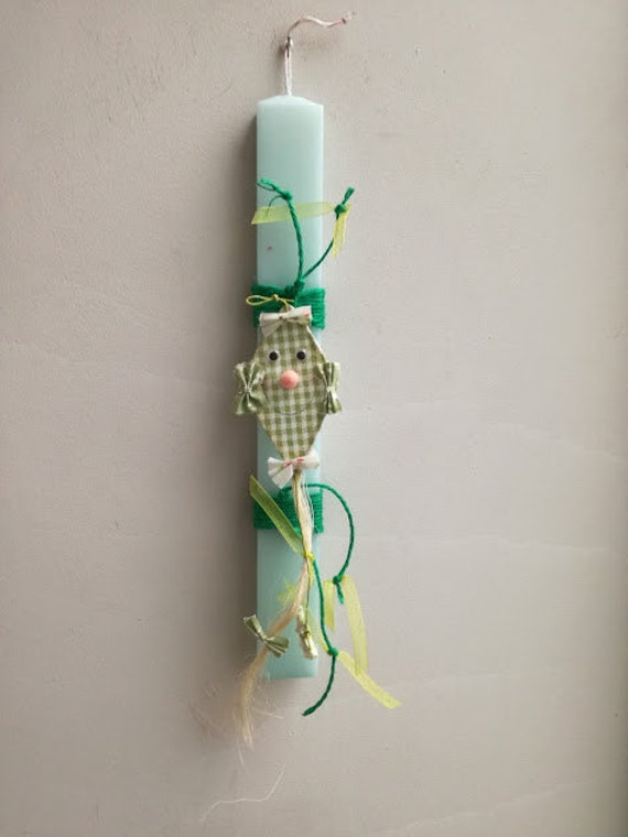 Kite Easter candle, green kite ornament on sky blue, Easter candle with smile face kite, Greek Easter candle for kids and boys